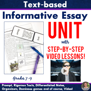 Text-Based Informative Essay VIDEO Unit with Pixanotes®, Prompt, Texts, Games & More! Grades 7-9