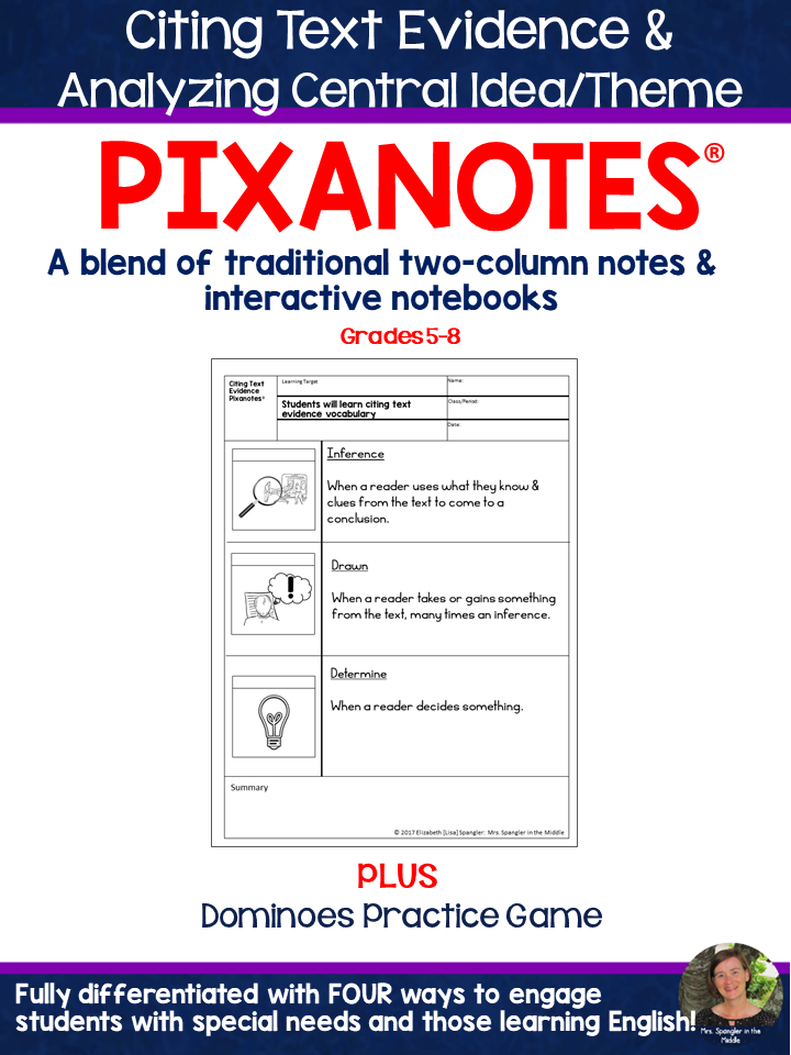 Citing Text Evidence & Analyzing Central Idea/Theme Pixanotes® + Dominoes Game!
