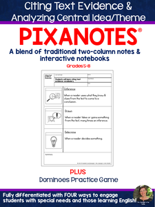 Citing Text Evidence & Analyzing Central Idea/Theme Pixanotes® + Dominoes Game!
