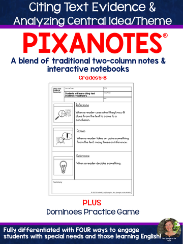 Citing Text Evidence & Analyzing Central Idea/Theme Pixanotes® + Dominoes Game!