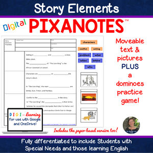 Plot /Story Elements DIGITAL Pixanotes® + Dominoes Practice Game!