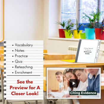 Citing Textual Evidence Printable Unit BUNDLE | Vocab Notes Practice Quiz